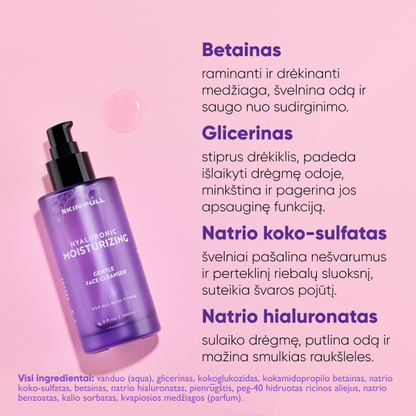 Informacinė kortelė apie „Skinifull Gentle Face Cleanser“ sudedamąsias dalis (betainą, glicerį, natrio koko-sulfatą, natrio hialuronatą).